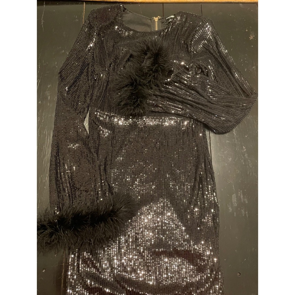 Fashion Nova Black Sequin Feather Long Sleeve Mini Dress Size M